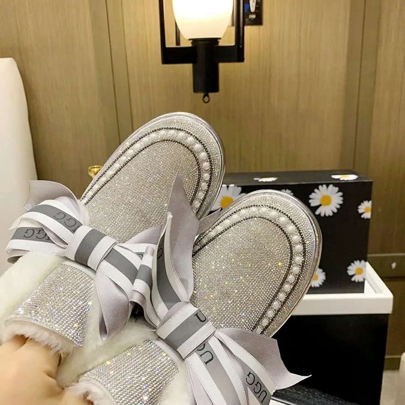Daisy Crystal Ribbon Snow Boot — Silver White | New Arrival | In Stock